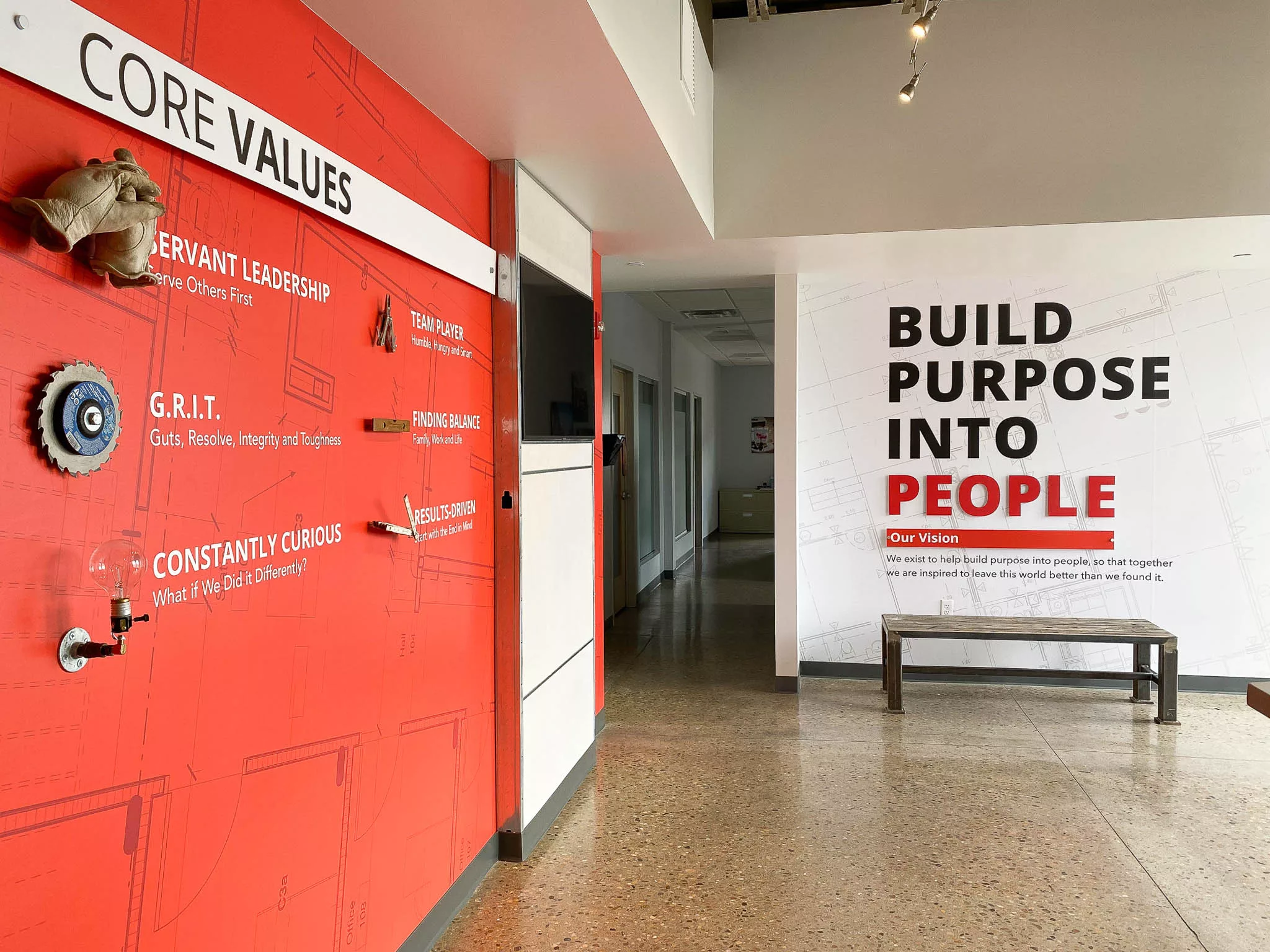 Core Values and Build Purpose into people wall at elder construction