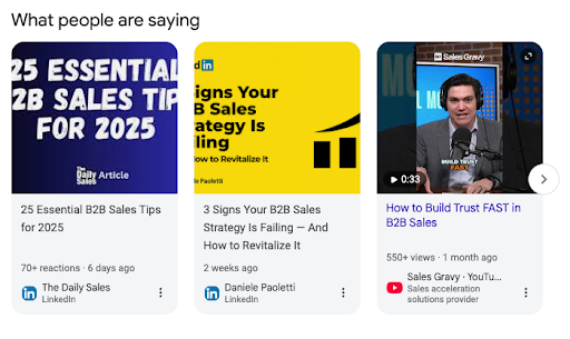 Screenshot showing three preview cards for B2B sales articles and videos, including “25 Essential B2B Sales Tips for 2025.” Discover insights on integrating social media marketing for business into your B2B sales strategies.