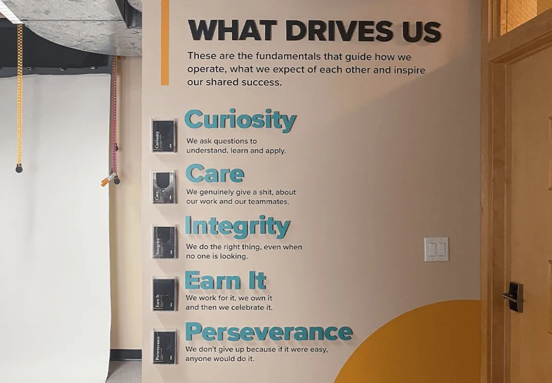 Wall of office building with core values on the the wall