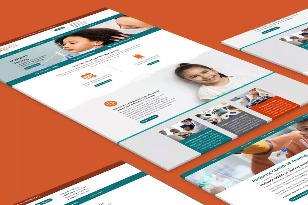Website design in a mockup on an orange background