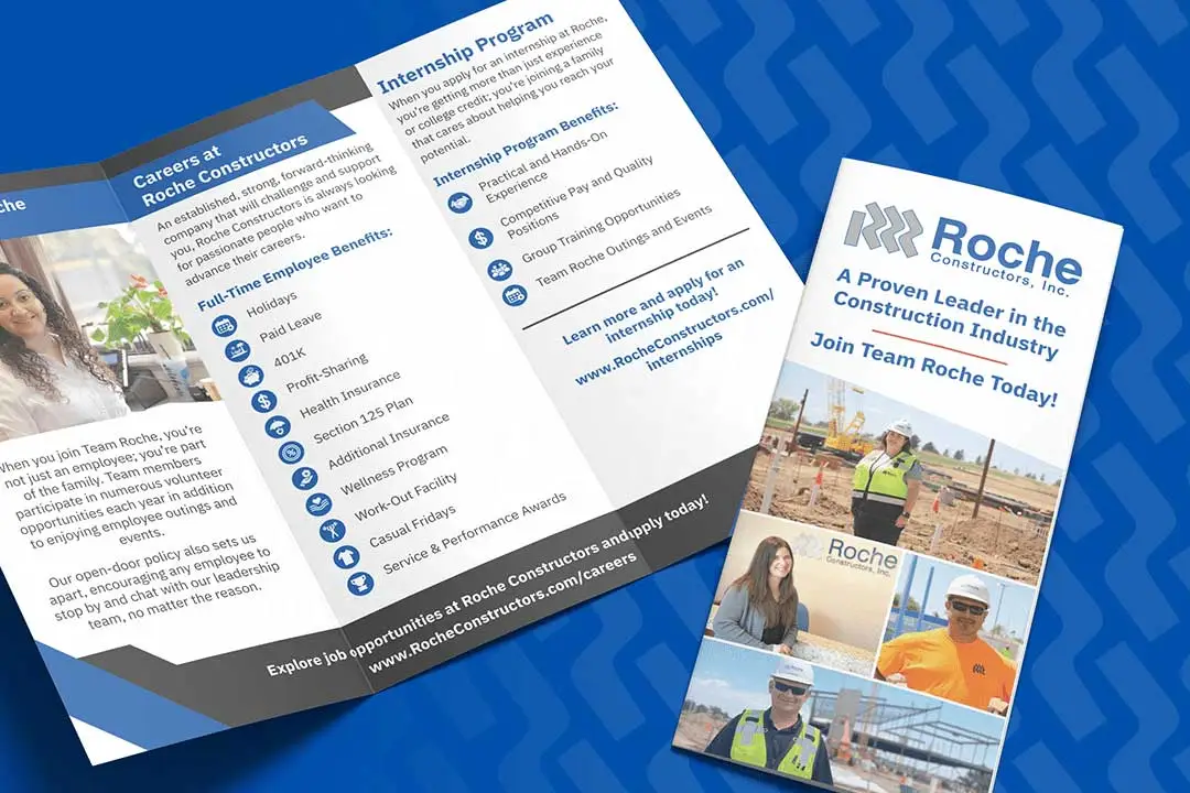 Trifold brochure for a construction company on a blue background