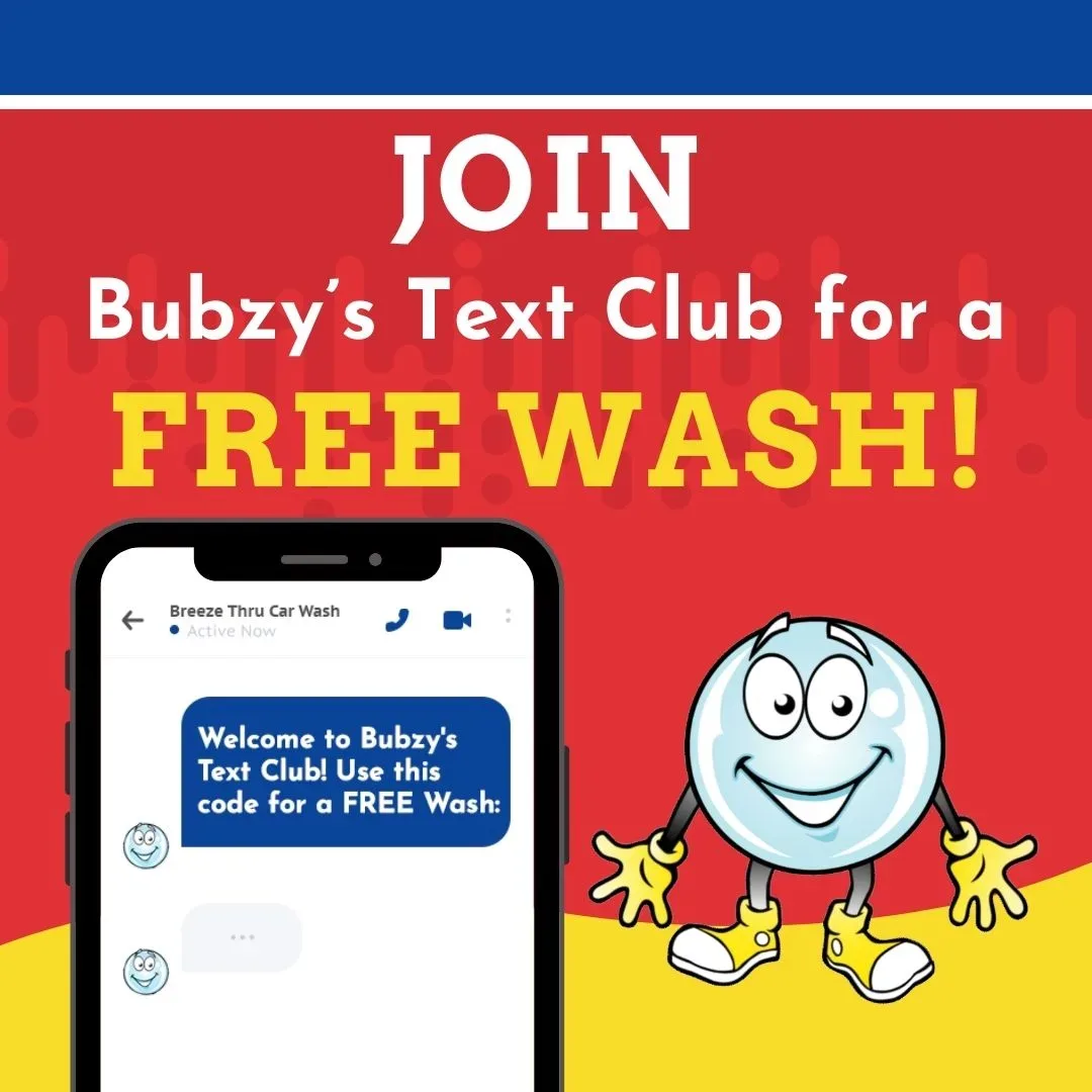 Promotional graphic for Bubzy's Text Club, featuring a smartphone displaying a text message about a free car wash, with a cartoon character of Bubzy on the right, set against a red and yellow background.