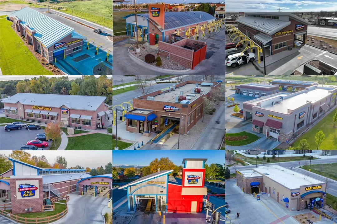 A collage of nine images showcases various "Club Car Wash" locations. Each image features different buildings with distinct designs, and signage of "Club Car Wash" visible on each. The settings include well-maintained landscapes, parking lots, and car wash facilities.