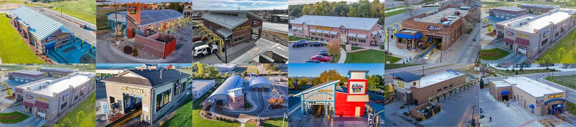 A series of aerial photographs showcasing various commercial properties including shopping centers, standalone shops, and complexes with parking lots, capturing the architecture and layout from different angles.