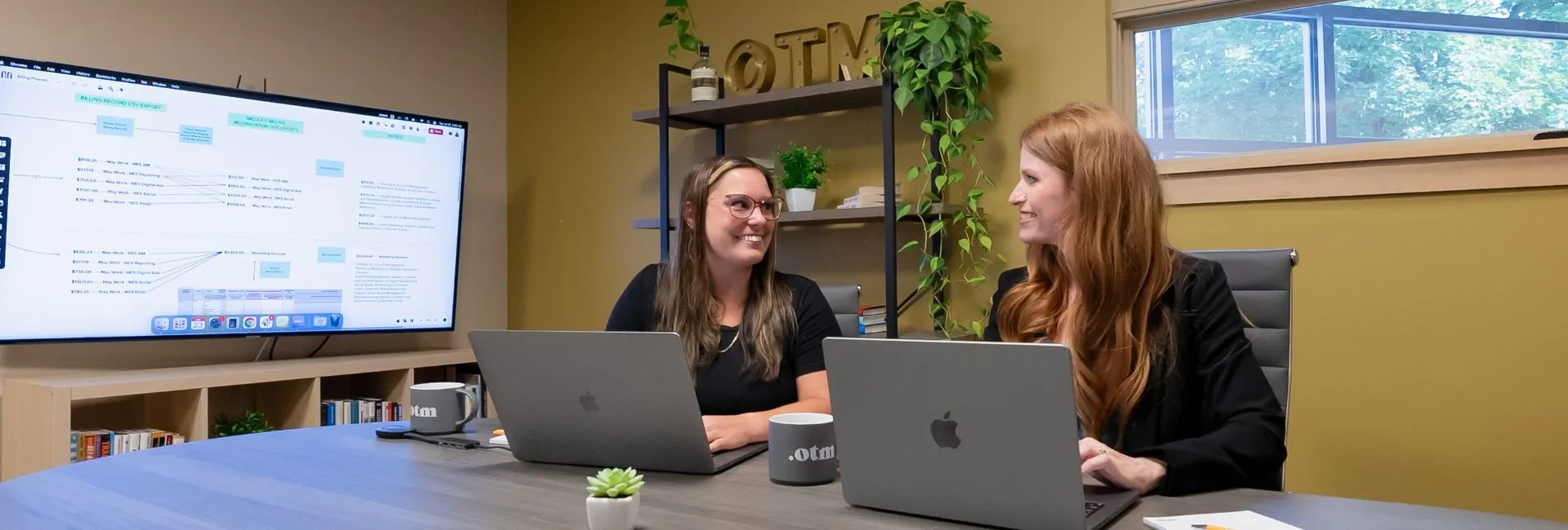 Two women are sitting at a conference table working on laptops. They are smiling and engaged in conversation. A large screen displays a flowchart, and the shelves behind them hold plants and books. The room has a large window bringing in natural light.