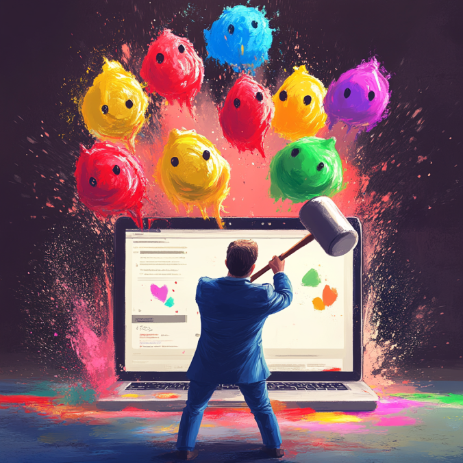 A person in a blue suit smashes a laptop screen with a large hammer, releasing colorful, paint-like blobs into the air. The blobs are red, yellow, blue, pink, and purple, appearing animated and expressive.