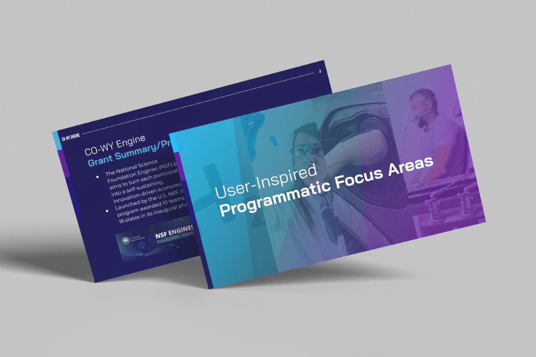Two overlapping presentation slides display an impactful pitch deck for startups. The left slide mentions a grant summary and NSF Engines program, while the right highlights "User-Inspired Programmatic Focus Areas," featuring abstract images of people and technology in the background.