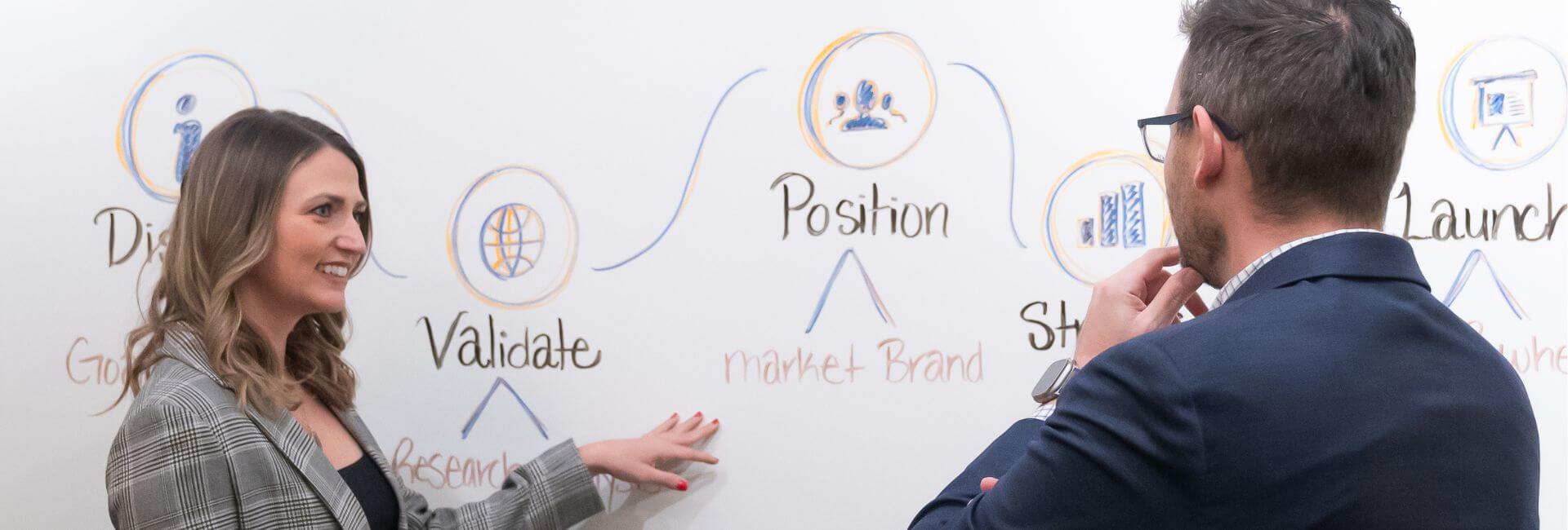 miles-kerrie-p2g A woman is explaining a flowchart on a whiteboard to a man. The chart includes words like "Validate" and "Position." Both are dressed in formal attire. The setting appears to be a professional meeting or presentation.