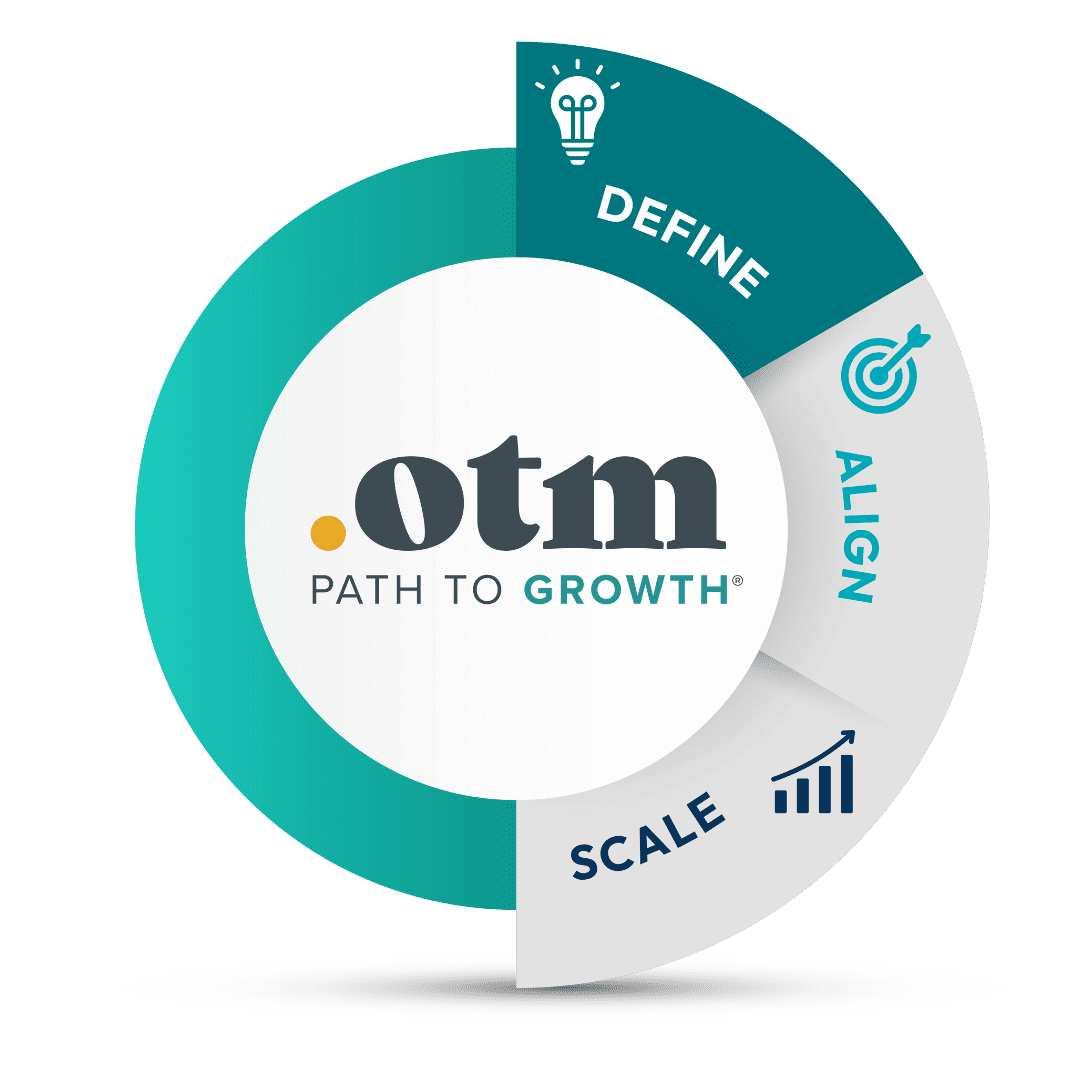 p2g-define A circular infographic labeled “otm PATH TO GROWTH” with three segments: Define (lightbulb icon), Align (target icon), and Scale (bar chart icon), indicating steps in a growth strategy.