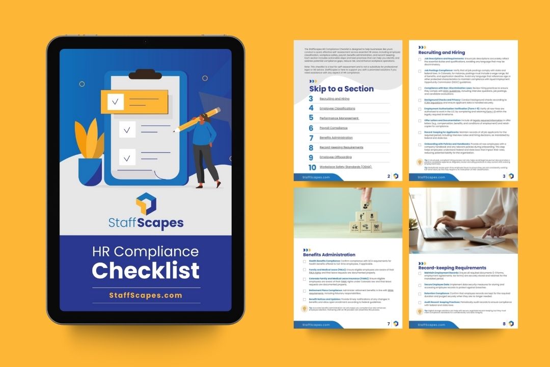 A digital tablet displays an "HR Compliance Checklist" cover, next to four preview pages with sections, text, and images, including a hand stacking blocks and a person typing on a laptop. The branding reads "StaffScapes.com.