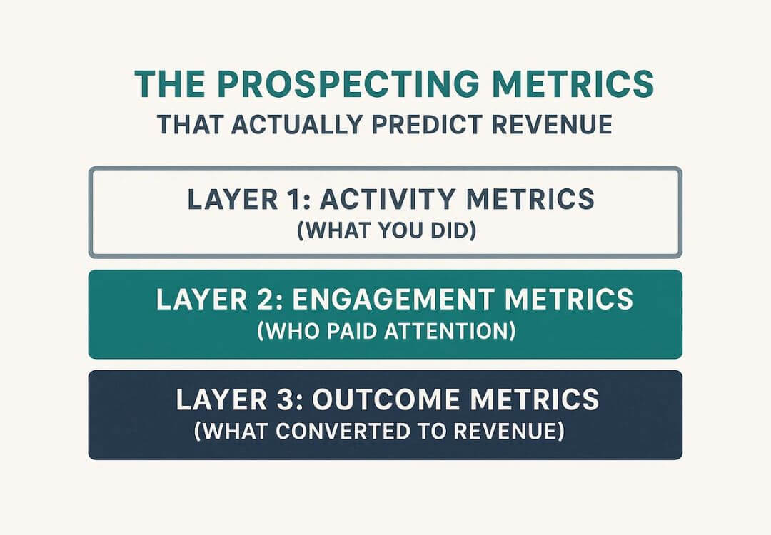 Infographic titled "The Prospecting Metrics That Actually Predict Revenue," showing three layers: Prospecting Activity Metrics (what you did), Engagement Metrics (who paid attention), and Outcome Metrics (what converted to revenue).