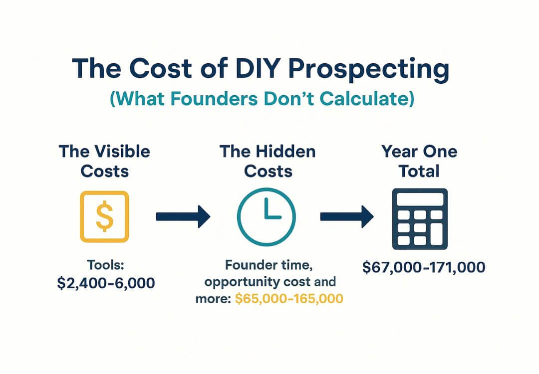 Infographic titled "The Cost of DIY Prospecting." It shows prospecting costs—visible ($2,400–6,000 for tools), hidden (founder time and opportunity cost: $65,000–165,000), and a Year One total cost of $67,000–171,000.