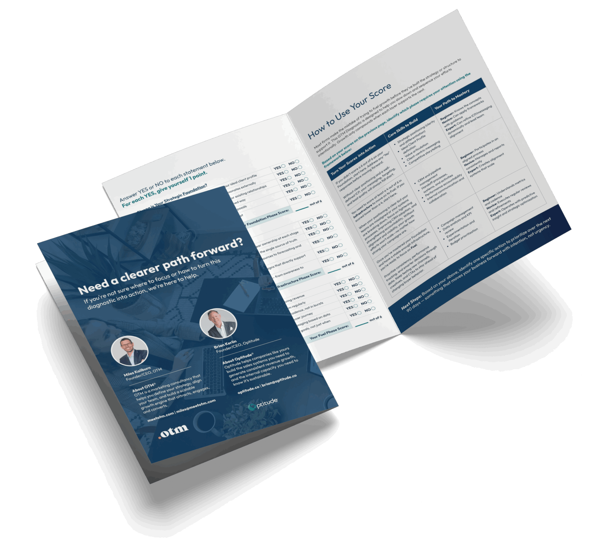 An open booklet with a blue cover titled "Need a clearer path forward?", showing photos of two people. The inside pages display tables, scores, and instructions under the heading "How to Use Your Score.