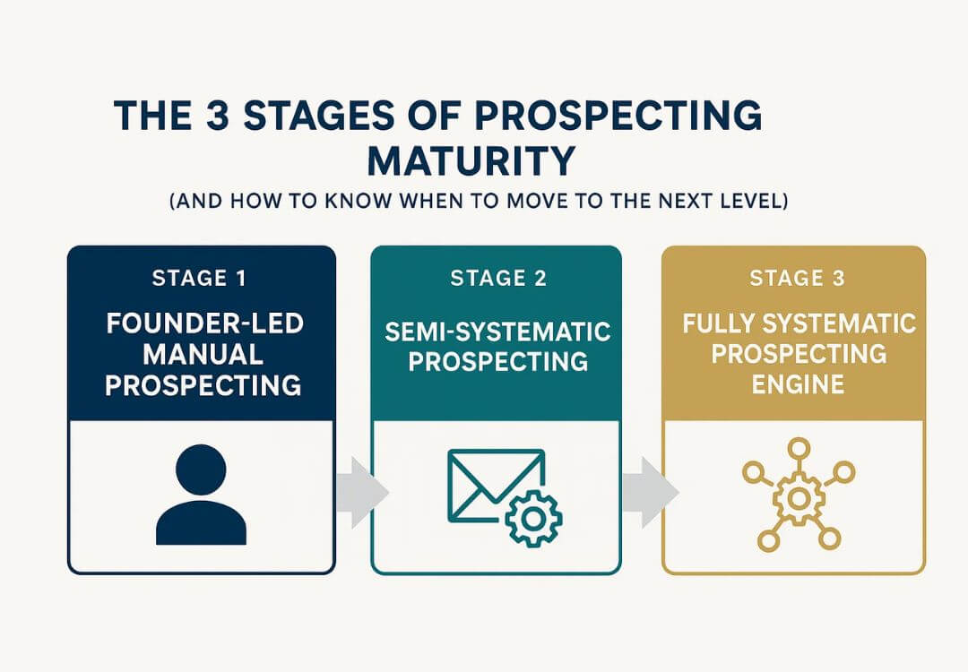 A flowchart titled "The 3 Stages of Prospecting Maturity" shows Stage 1: Founder-led manual prospecting, Stage 2: Semi-systematic prospecting, and Stage 3: Fully systematic prospecting engine. Each stage has an icon.