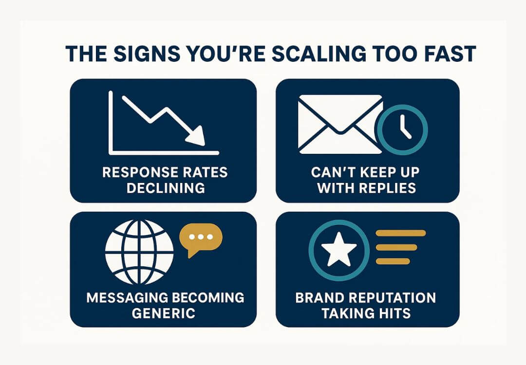 An infographic titled "The Signs You're Scaling Too Fast" highlights four prospecting pitfalls: declining response rates, inability to keep up with replies, messaging becoming generic, and brand reputation taking hits, each with a matching icon.