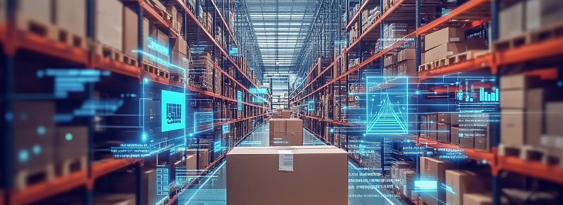 A warehouse aisle with shelves stacked with boxes, featuring digital data graphics and holograms overlaid, representing advanced technology and inventory management systems.