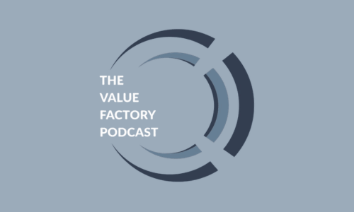 Logo for "The Value Factory Podcast" featuring the podcast name in white text alongside overlapping dark and light blue circular arcs on a light blue background.