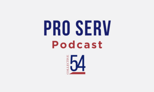 Logo with the words "PRO SERV Podcast" in blue and red text above "Collective 54" written in red and blue.