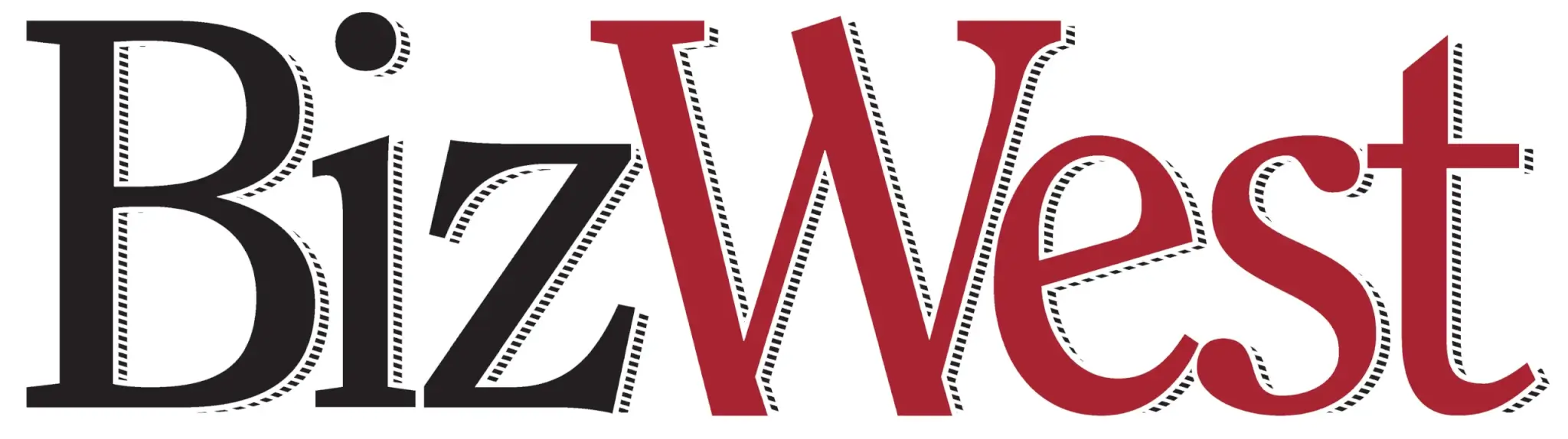 The image shows the BizWest logo, with "Biz" in bold black text and "West" in bold red text, both in a serif font with a dashed border effect.