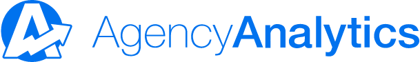 AgencyAnalytics logo featuring a stylized white "A" with a blue upward arrow inside a blue circle, next to the text "AgencyAnalytics" in blue on a light gray background.