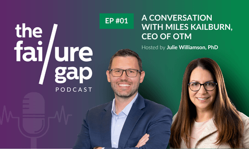 A promotional image for "The Failure Gap Podcast" episode 1 features Miles Kailburn, CEO of OTM, and host Julie Williamson, PhD, with podcast branding and a microphone icon on a green and purple background.