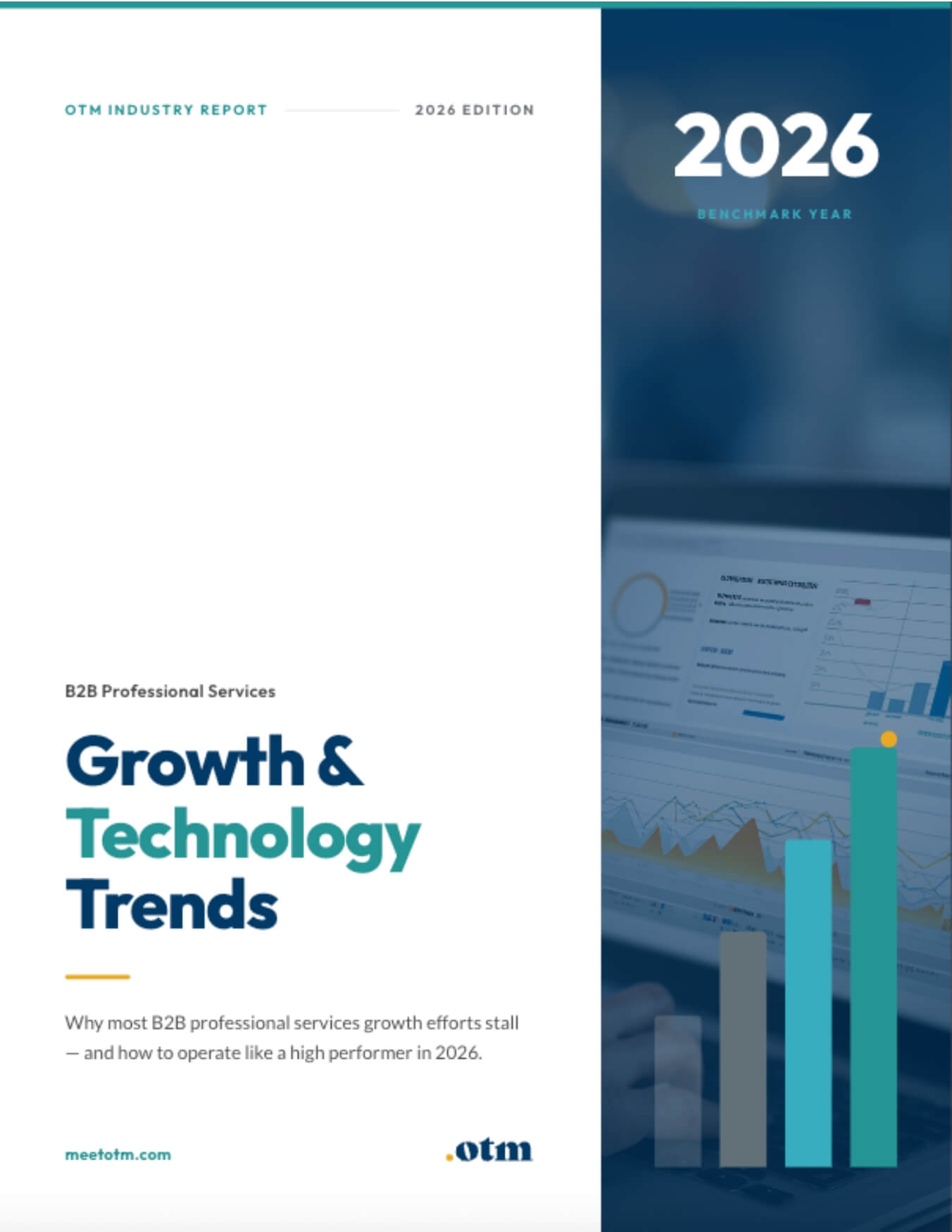 Cover page of a report titled "Growth & Technology Trends" for B2B professional services, featuring colorful bar graphs on a screen and the year 2026 highlighted. The report is by OTM and focuses on growth strategies.